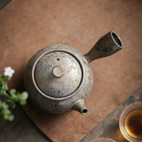 窯變鎏金粗陶側把單壺日式復古手工陶瓷泡茶壺帶過濾功夫茶具家用