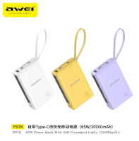 AWEI P97KY 20000MAH PD65W POWER BANK BUILT IN TYPE-C CABLE USB/TYPE-C YELLOW