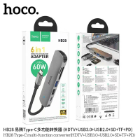 Hoco HB28 ฮับเพิ่มช่อง 6in1 Type-C เป็น PD 100W + 4K HDMI + USB 3.0 + USB 2.0 + SD + TF Card HUB การ