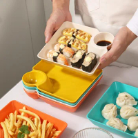 Plastic Dumpling Plates with Sauce Compartment Square Serving Plates with Sauce Holder Serving Platter Tray for Party Chips