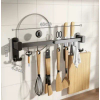 廚房用品多功能置物掛架(黑色40cm6鈎可放鍋蓋)(尺寸:40*10*4.5CM)