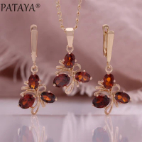 PATAYA Red Zircon Pendant Necklace Earrings for Women 585 Rose Gold Color Flower Earrings Quality Daily Fine Fashion Jewelry Set
