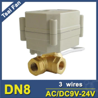 1/4'' DN8 3 Way T/L Type Brass Electric Motor Valve AC/DC9V-24V 3/7 Wires replace Solenoid Valve For Water Heating/Cooling