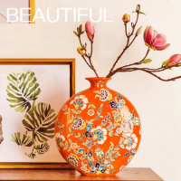 Unique Chinese Moon Vase, Red Orange Color Ceramic Vase Decoration, Round Shape Vases, Morandi Color, Decorative Floral Vase, 13