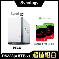 Synology DS223j 2Bay NAS 網路儲存伺服器＋希捷 Seagate Pro 8TB NAS專用硬碟-兩入組