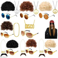 Costume Set Funky Afro Wig Sunglasses Necklace For 50s, 60s, 70s Theme Party Men 80s Style Party Clothes Accessories
