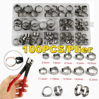 100Pcs 6-15mm Stainless Steel Single Ear Hose Clamp 1pc Hose Clip Clamp Pliers Wood Working Clamps Set