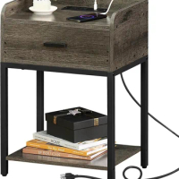 Nightstand with Charging Station and USB Ports, Oak Grey Night Stand Storage Drawers, 3-Tier Small End Side Table w
