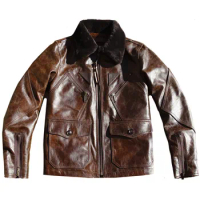 Men's Leather Flight Jacket Chocolate Military Style Vintage WinterCoat