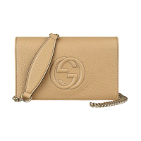 【GUCCI 古馳】GUCCI Soho GG LOGO牛皮6卡壓釦式掀蓋鏈帶斜背包(米)