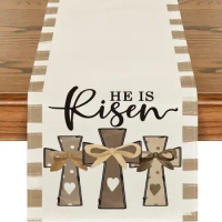 Brown He Is Risen Cross Easter Table Runner, Spring Summer Seasonal Holiday Kitchen Dining Table Decoration for Home Party Decor
