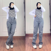 DITJINS - Highwaist Loose Jeans Cargo Pant Wanita Grey Celana Nyaman