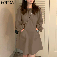 topsMathchi Vonda - ชุดเดรสแขนยาวผู้หญิงพลัสไซส์ เสื้อยืดธรรมดาวันหยุด ลำลอง หลวม จีบ สั้น (สาเหตุเก