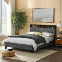 Grey Queen Size Bed Frame, Shelf Upholstered Headboard, Platform Bed with Outlet &amp; USB Ports, Wood Legs, Easy Assembly