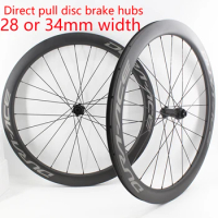 Newest 700C Road Bike Matt UD Full Carbon Fibre 28/34mm width Bicycle Rims Direct pull Thru Axle disc brake hubs Carbon Wheelset