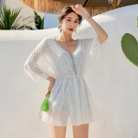 TING BRA 婷姐內衣 女泳裝 三件式 大尺碼 美背鋼圈款木耳邊高腰外罩衫三件式泳衣(白色 M-3XL)