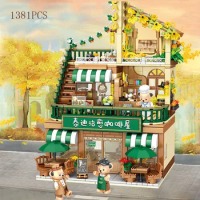 Creative Teddy City Street View Block Coffee Shop Streetscape Building Bricks Cafe House Cartoon Bear Figures Toys For Gift