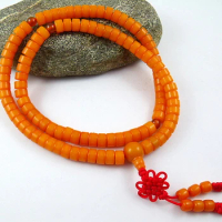 7x5mm Tibetan Buddhism 108 orange Bodhi root Mala Necklace