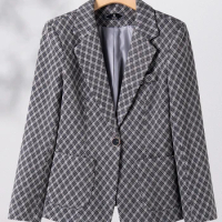 Yiitmuceng Green Grey Plaid Blazer for Women Fall Winter 2023 New Fashion Long Sleeve Single Button Office Ladies Jacket Coats