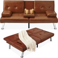 Sofa Bed, Faux Leather Upholstered Modern Convertible Futon, Adjustable Folding Sofa Bed, W/Removable Armrests, Sofa Bed