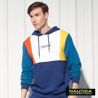 【NAUTICA】COMPETITION撞色拼接連帽長袖T恤(藍綠)
