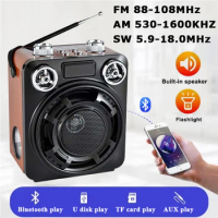Mini Portable FM AM SW Radio Strong Signal Radio Receiver Bluetooth Speaker with Flashlight TF USB MP3 Music Player Rechargeable
