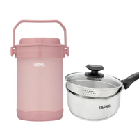 【THERMOS膳魔師】雪霧玫瑰不鏽鋼真空燜燒提鍋1500ml+不鏽鋼附蓋瀝水湯鍋18cm(RPF-20-RSPK+SPC-S18)