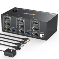 Triple Monitors KVM Switch 2 Displayport + HDMI USB 3.0 KVM 8K@60Hz,4K@144Hz 3 Monitors 2 Computers KVM with 4 USB 3.0 Ports