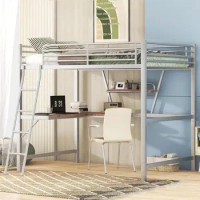 Full/Twin Size Loft Bed with Desk , Heavy Duty Metal Loft Bed Full Size with Ladder and Guardrail, Full Loft Bed, Black Loft Bed