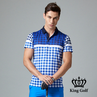 【KING GOLF】男款撞色格紋造型POLO衫/高爾夫球衫-寶藍