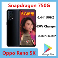 Original Oppo Reno 5K 5G Smart Phone 64.0MP Snapdragon 750G 65W Charger 6.44" 90HZ Android 10.0 Screen Fingerprint Face ID OTA