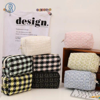 Black Canvas Plaid Travel Cosmetic Lipstick Storage Bag Cute Girls Makeup Handbags Organizer Stationery Pencil Cases Pouch Bag