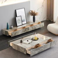 Modern luxury gold or black leg wooden glass marble top TV cabinet and coffee tables set furniture living room floating tv stand