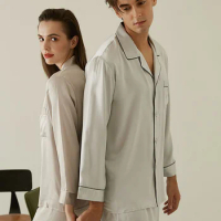 100% Silk Full Sleeve Pajama Sets For Women Men Luxury Light Grey Home Loungewear Valentine's Day Gift Spring Autumn Sleepwear