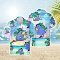 2023 Disney Eeyore Hawaiian Shirt Eeyore Donkey Palm Tree Beach Short Sleeve Hawaiian Shirt Men's and Women's T-shirt