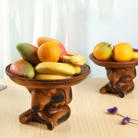 泰國大象水果盤客廳家用零食收納多功能復古實木干果盤輕奢風