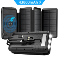 43800mAh Solar Power Bank Fast Qi Wireless Charger Powerbank for iPhone 14 Samsung Huawei Xiaomi PD 20W Fast Charging Powerbank