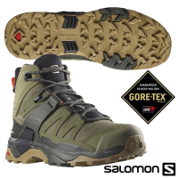 索羅門 SALOMON 男 X ULTRA 4 GTX 寬楦 防水透氣耐磨中筒登山鞋_藻綠/炭黑/棕