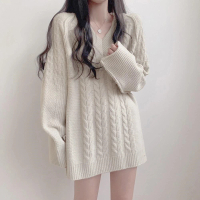 【D.studio】韓版慵懶風V領麻花長版毛衣(針織上衣長袖上衣女裝衣服寬鬆上衣顯瘦上衣長袖t恤 冬裝 W354)