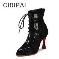 CIDIPAI Women's Lace Up Gauze Dance Shoes Adult Dance Boots Fashion Jazz Latin Dance Shoes Ballroom Dance Shoes Cuban Heel