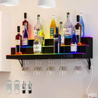 Remote &amp; App Control LED Light Liquor Bottle Display Shelf, 3-Step 30-inch Acrylic Liquor Shelf with Wine Glass Holder Slots