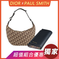 展示品DIOR滿版D字LOGO緹花帆布拉鍊復古半月肩背包(咖啡)+PAUL SMITH