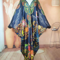 Middle East Blogger Highly Recommend Silk Printed Sexy V-Neck Kaftan Dress African Muslim Lady Loose Straight Abaya