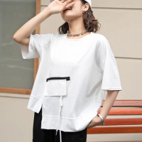 XITAO Personality Women T-shirt Asymmetrical Three-dimensional Splicing Drawstring Decorate Hem 2024 Summer New Top DMJ4127