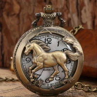 Horse Fob Watches Fashion Quartz Pocket Watch Vintage Necklace Pendant Clock Gift Bronze Pocket Watch Chain Necklace