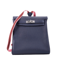 HERMES 愛馬仕 Kelly Ado 22 牛皮銀釦帆布背帶後背包(銀釦深藍)