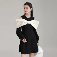 Zhongchuang Rizhen's Niche Design, Off The Shoulder Bow Color Patchwork Dress, Lightweight Air Layer Contour A-Line Short Skirt