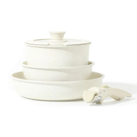 【CAROTE】麥飯石不沾鍋三鍋五件組-可拆卸手把/平底鍋20cm/煎炒鍋26cm/奶鍋18cm附蓋(IH、電磁爐適用)