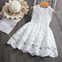 Summer Kids Dresses for Girls 3-8 Yrs Flower Lace Children Casual Clothing Birthday Party Vestidos White Wedding Evening Dress