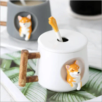 【Ehot】 Cartoon Ceramic Mug Cute 3D Shiba Inu Dog Spoon Milk Tea Creative Coffee Cup